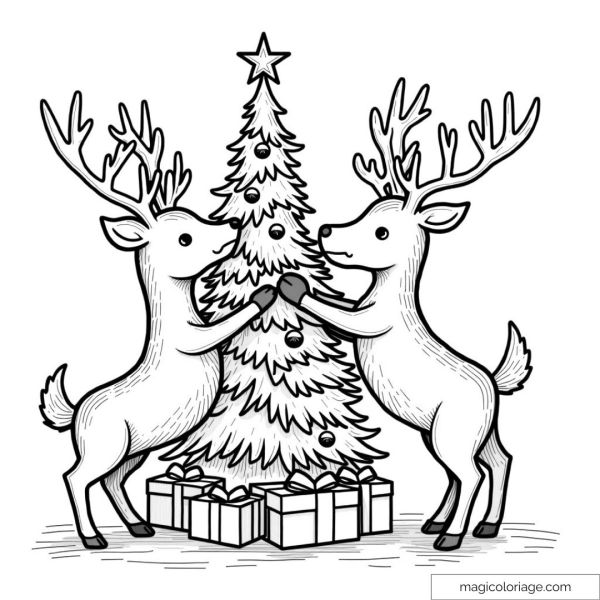 Two reindeer surrounding a Christmas tree with presents at the bottom.