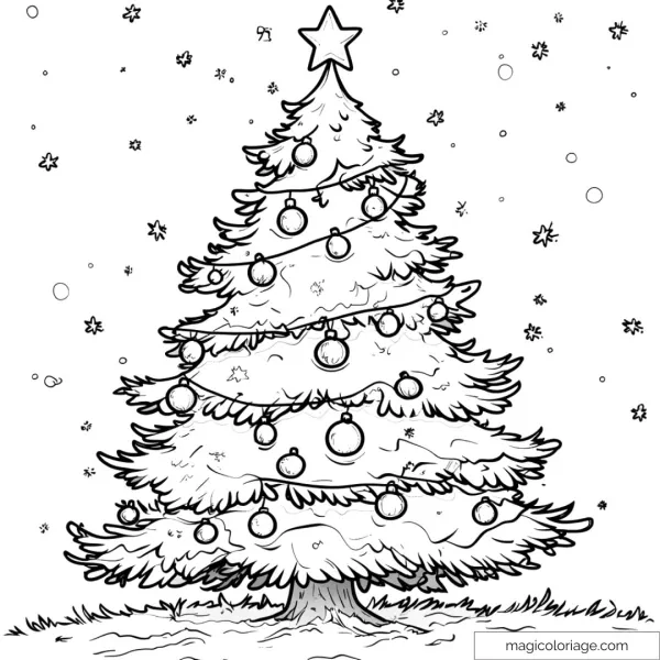 Christmas tree coloring picture with decorations and stars
