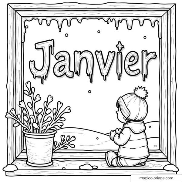 Drawing of a child in a coat looking at the snow through the window in January.
