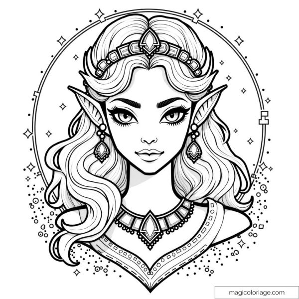 Coloring page of an elven princess with detailed jewelry