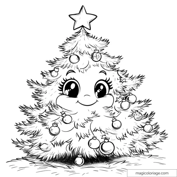Merry Christmas tree drawing with ornaments