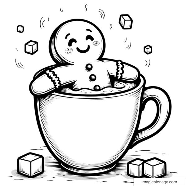 Dessin à colorier d'un bonhomme en pain d'épices flottant dans une tasse de chocolat chaud.