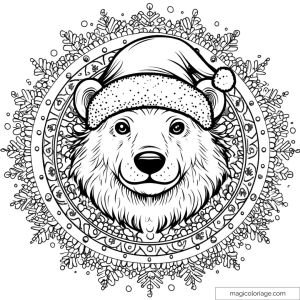 Bear with Christmas hat in an intricate floral mandala.