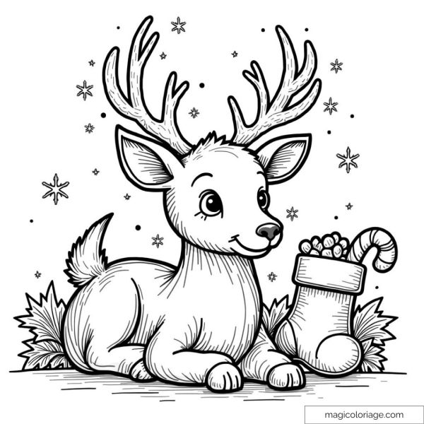 Cute reindeer drawing with christmas sock and stars