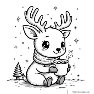 Dessin renne adorable avec chocolat chaud et flocons de neige