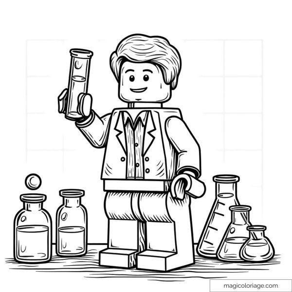 Coloring page of LEGO figurine as scientist with test tubes and flasks.