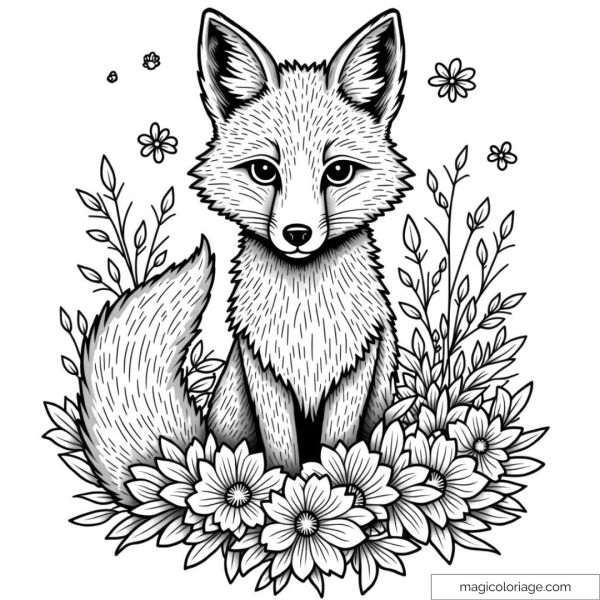 Illustration of a cute fox among flowers and plants