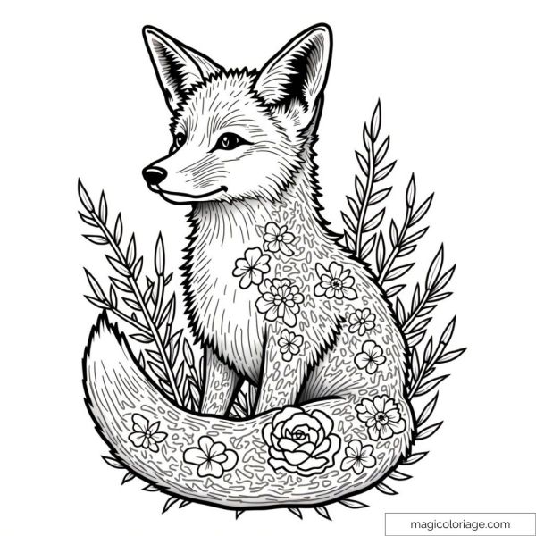 A cute fox decorated with flowers among foliage