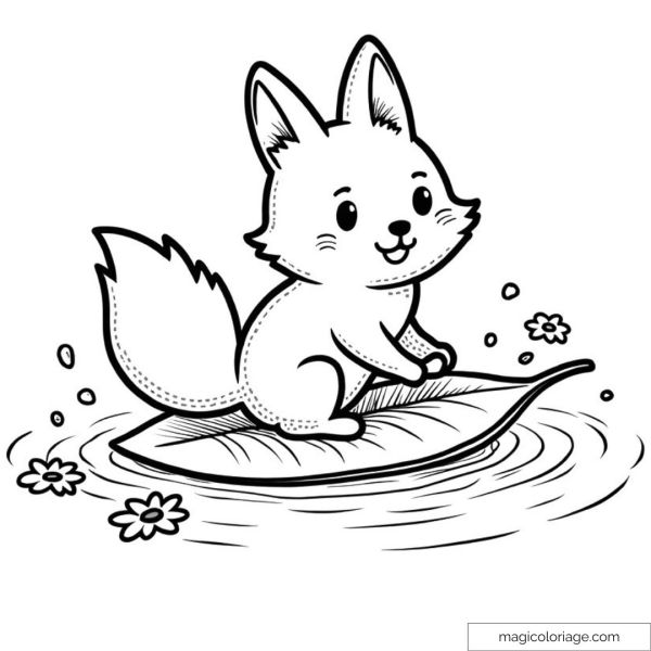 Happy fox on a leaf sailing on the water