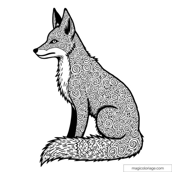 A cute fox with an intricate design filled with swirling patterns to color