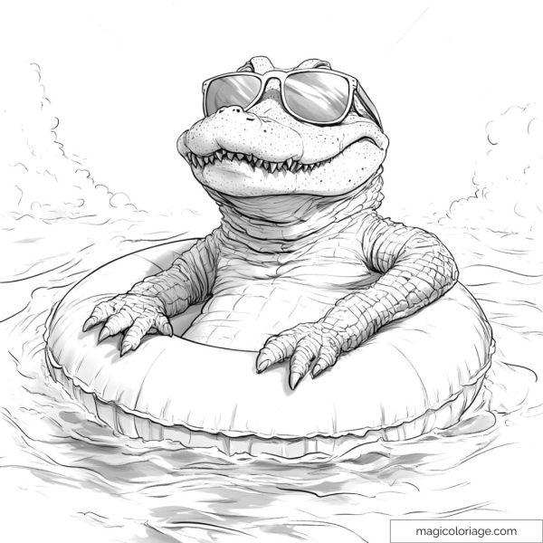 Cool crocodile with sunglasses floating on a buoy.