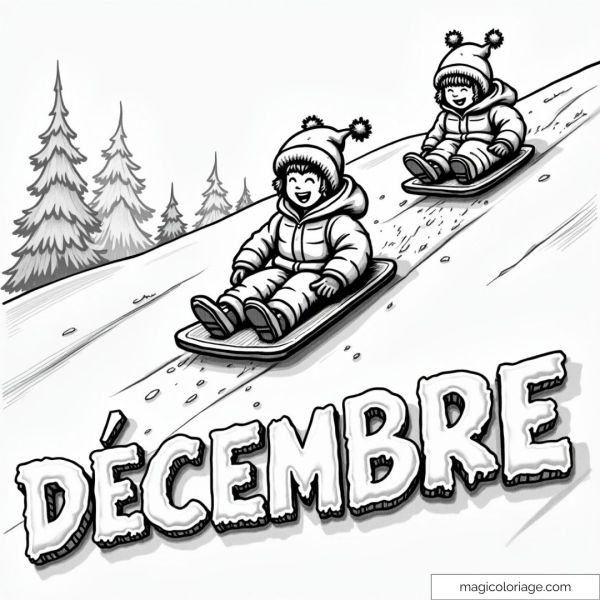 Drawing of children sledding on the snow with text December