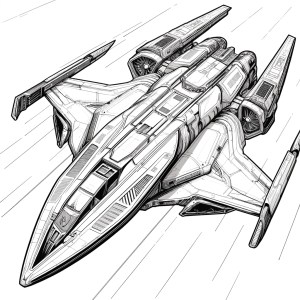 Un vaisseau spatial futuriste avec des ailes en flèche et des moteurs puissants
