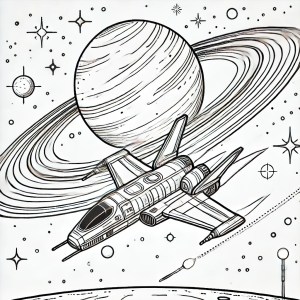 Un vaisseau spatial survolant une planète géante avec des étoiles scintillantes.