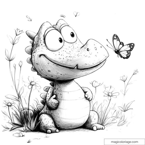 Smiling crocodile drawing with butterfly and flowers
