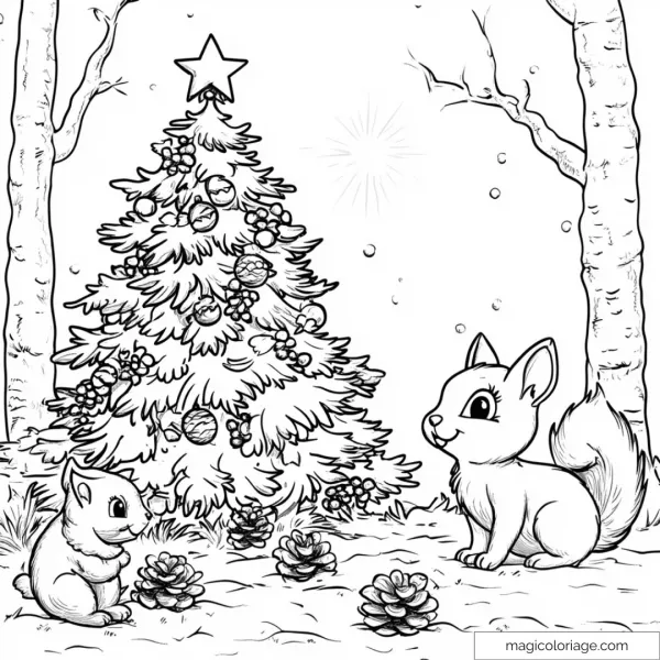 Coloring page of jovial squirrels around a festive Christmas tree.