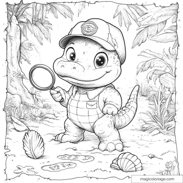 Drawing of a crocodile detective in a rainforest with a magnifying glass.