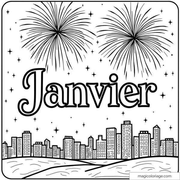 Drawing of fireworks and city in January to color.