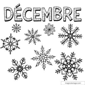 Flocons de neige autour du mot "décembre" pour coloriage hivernal.