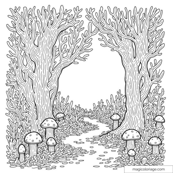 Forest drawing with trees and mushrooms
