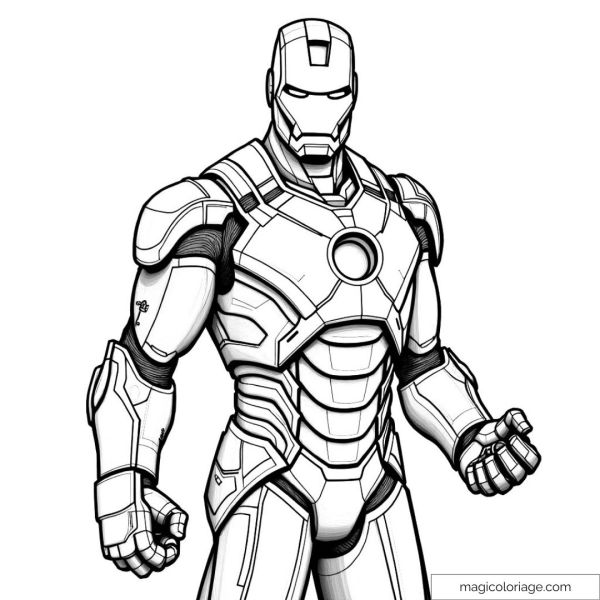 Black and white drawing of Iron Man ready to be colored