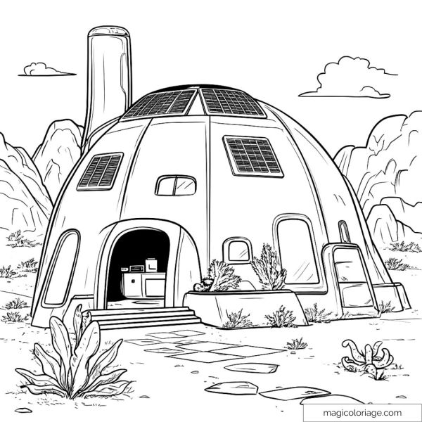 Drawing of an eco-friendly house in a desert landscape.
