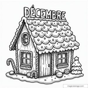 Dessin de maison en pain d'épice avec décorations de Noël