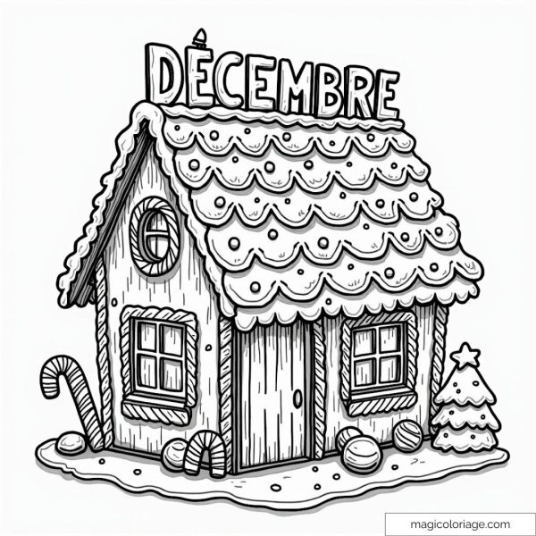 Gingerbread house drawing with Christmas decorations