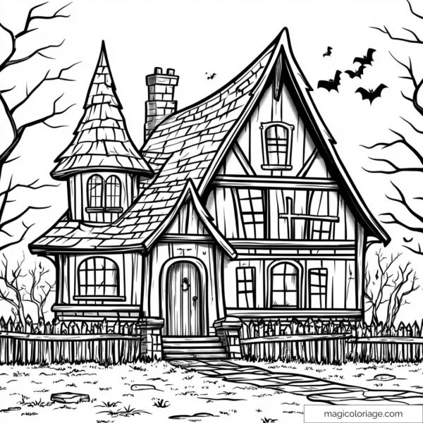 Haunted house drawing with bats and trees for Halloween.