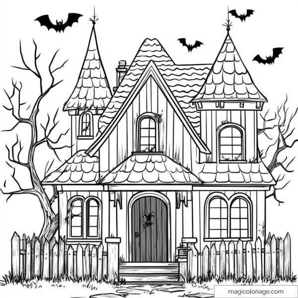 Haunted house drawing with bats and bare trees for Halloween