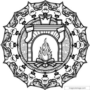 Color a Christmas fireplace mandala with festive details and ornaments.
