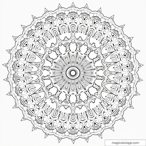 Complex black and white mandala to color for relaxation and creativity.