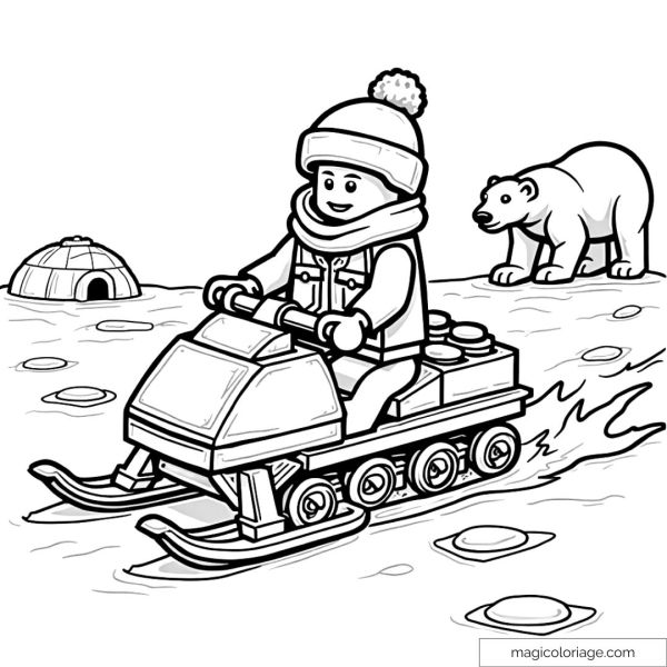 Lego snowmobile with polar bear and igloo in an arctic landscape.