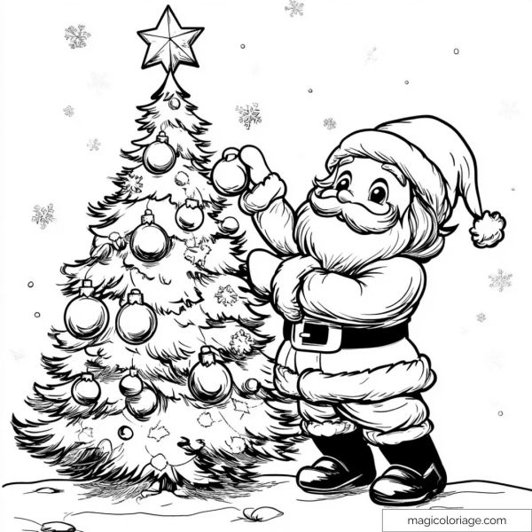 Christmas Coloring: Santa Claus decorating a tree with snowflakes