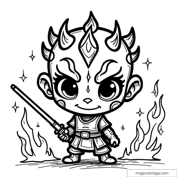 Coloriage de personnage intergalactique avec sabre et flammes.