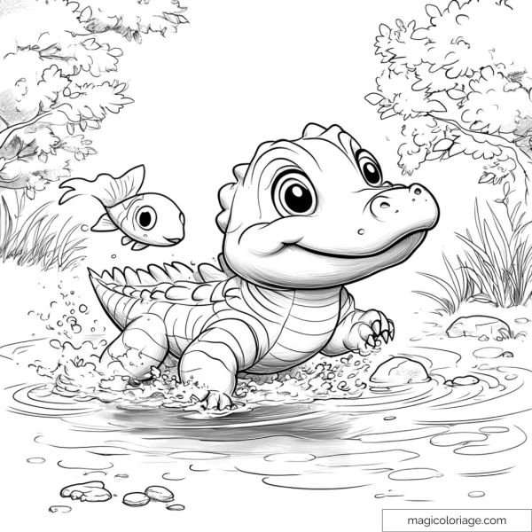 Little smiling crocodile and jumping fish