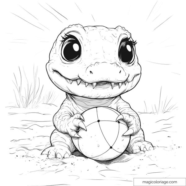 Drawing of baby crocodile playing with a ball in the sand.