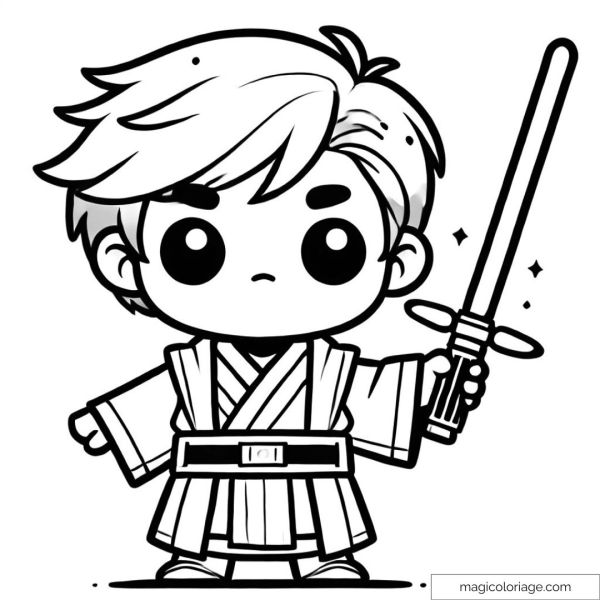 Dessin de Jedi mignon avec sabre laser pour coloriage créatif.