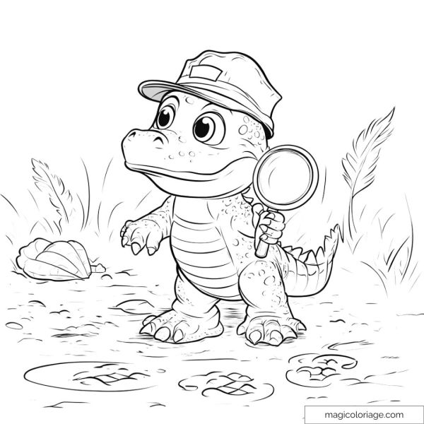 Cute crocodile with hat and magnifying glass in nature