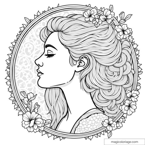 Coloring of a female profile surrounded by flowers