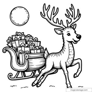 Image d'un renne joyeux devant un traîneau chargé de cadeaux