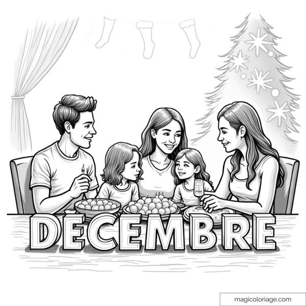 Family drawing around a table in December with Christmas tree.