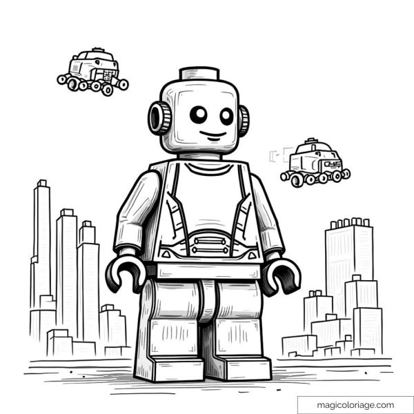 Drawing of small robot with buildings and flying cars.