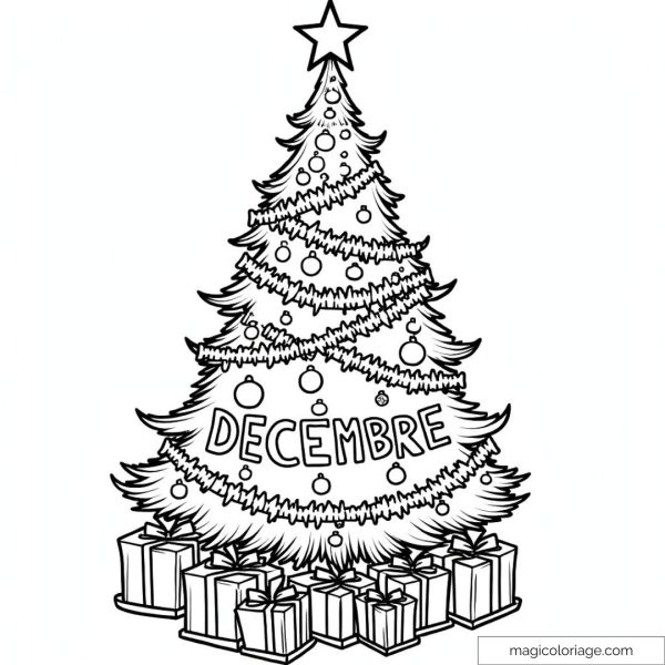 Drawing of a Christmas tree with garlands and gifts.