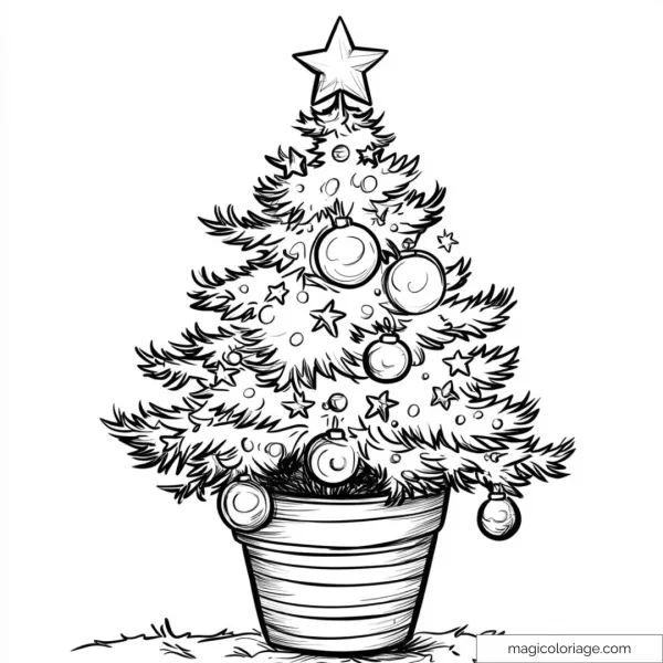 Christmas tree drawing with balls and stars to color