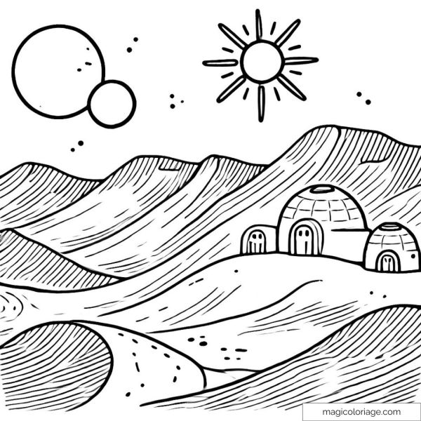 Coloriage de paysage alien avec dômes futuristes et planètes