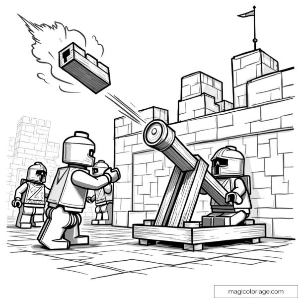 Brick knights throwing a projectile with a trebuchet into a castle.