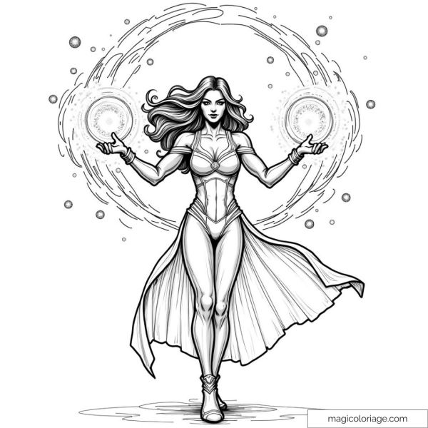 Drawing of a powerful witch with magic orbs to color.