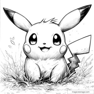 Pikachu coloring page in the grass with fur details