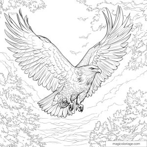Coloring page majestic eagle flying over a forest.